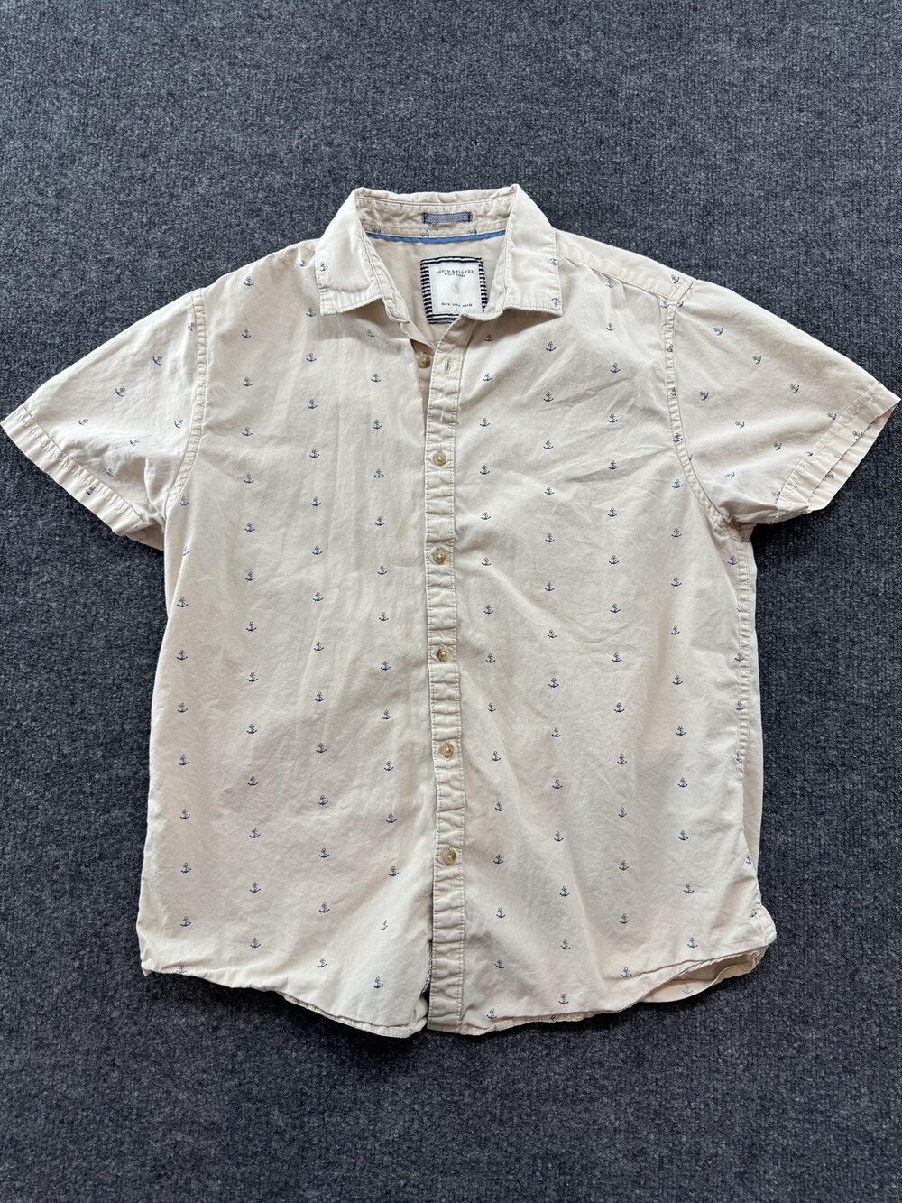 Denim & Flower Shirt Mens Medium Beige Anchor Button Up Short Sleeve Nautical